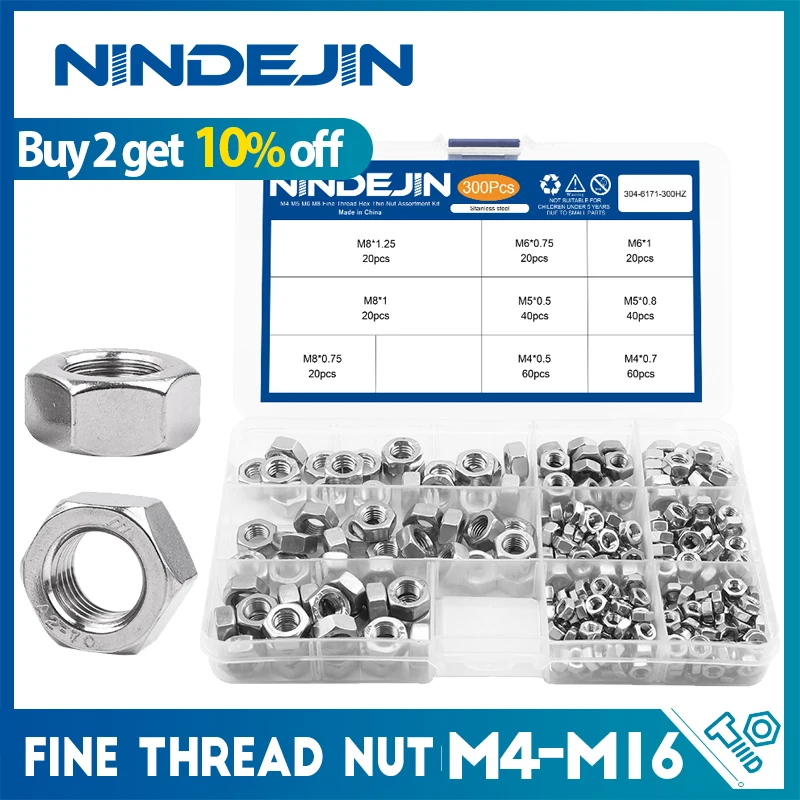 Nindejin-conjunto de Porca Fina Porca Hexagonal Porca Sextavada Métrica Kit de Sortimento M4-m16 90 Pcs 300 Pcs Aço Inoxidável