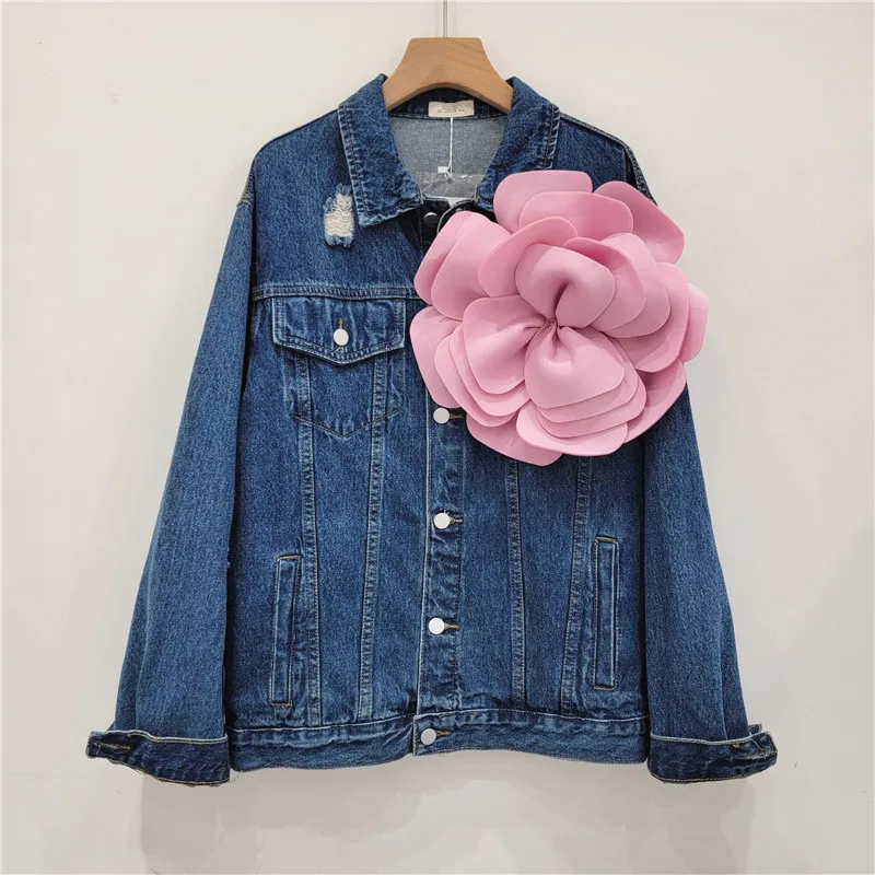 

Женская джинсовая куртка SuperAen, однобортная джинсовая куртка с отложным воротником и длинным рукавом, с объемными цветами, весна-осень 2024