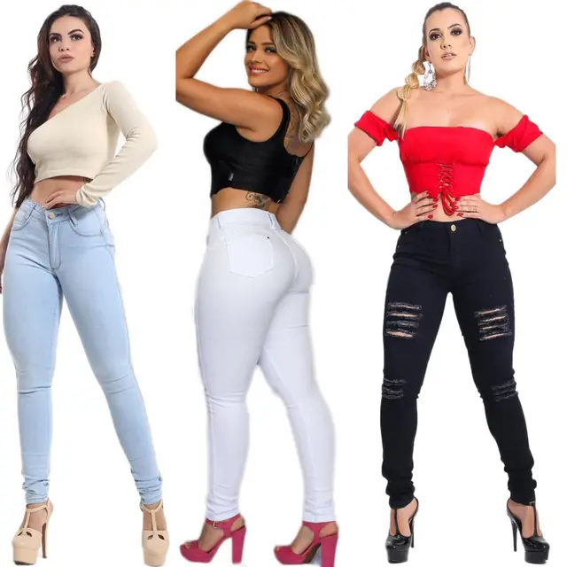 Kit 3 Calça Skinny Feminina Jeans Com Licra Azul Claara-Branca-Preta 15