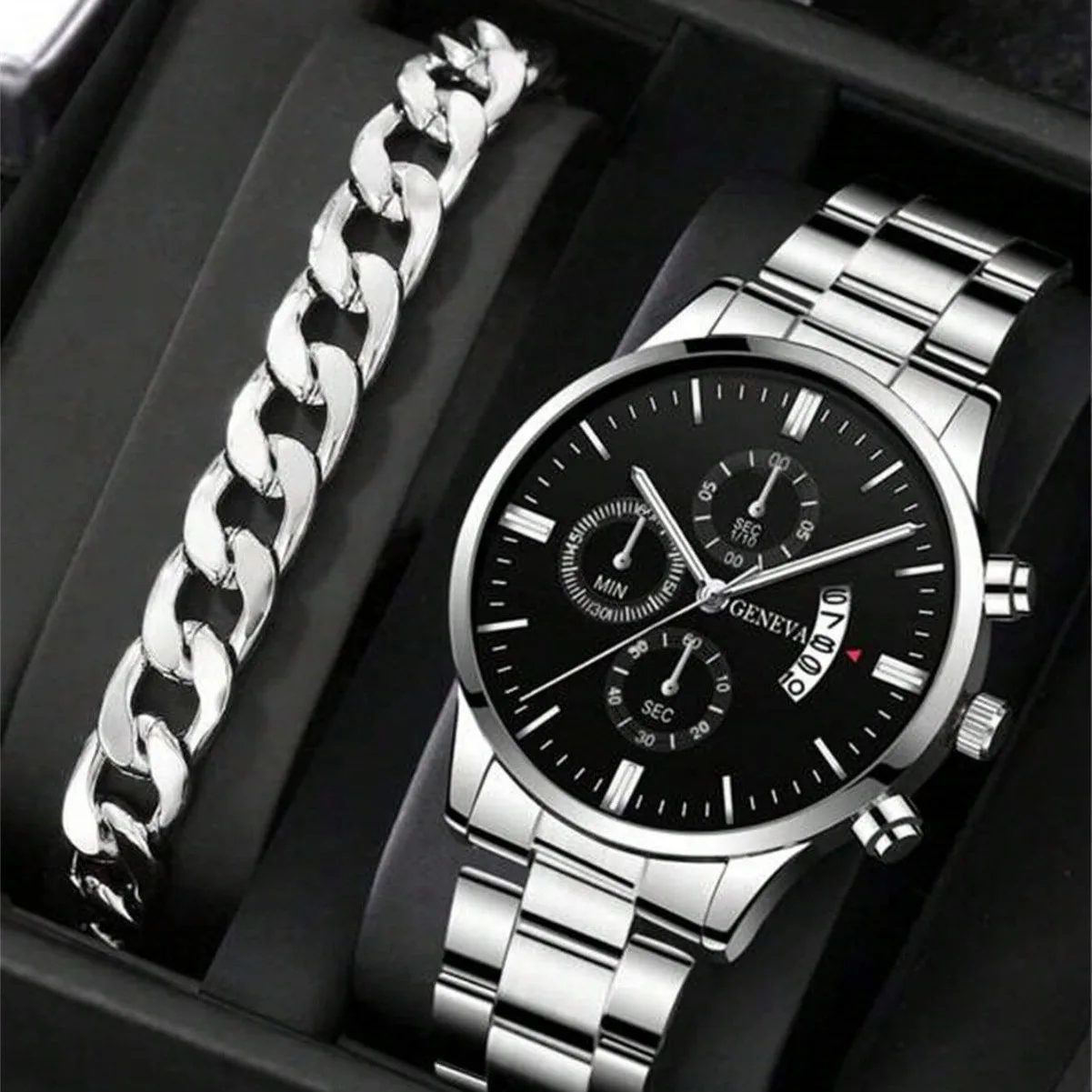 2pcs Quartz Watch Luxury Black Quartz Watch & Bracelet For Men Business Fashion Round Calendar Watch Set Without Box