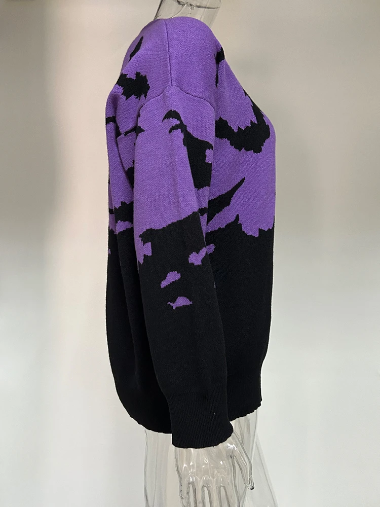 Yangelo Gothic Bat Pattern Sweater Women's Y2K Clothes Warm Purple Stitching Long Sleeve Knitting Pullover Autumn Winter