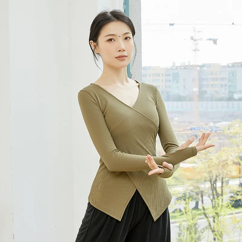 

Adult Summer V Neck Criss Cross Hem Belly Dance Top Short Long Sleeve T Shirt Costume for Women Dancing Clothes Dancer Clothing