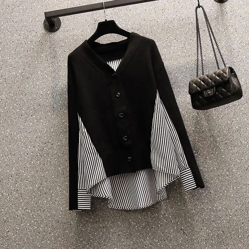 Black Long Sleeve Striped Patchwork Top Casual Solid Pencil Pants 2-piece Set Fashion Women New In Clothes Casual Fashion Trend