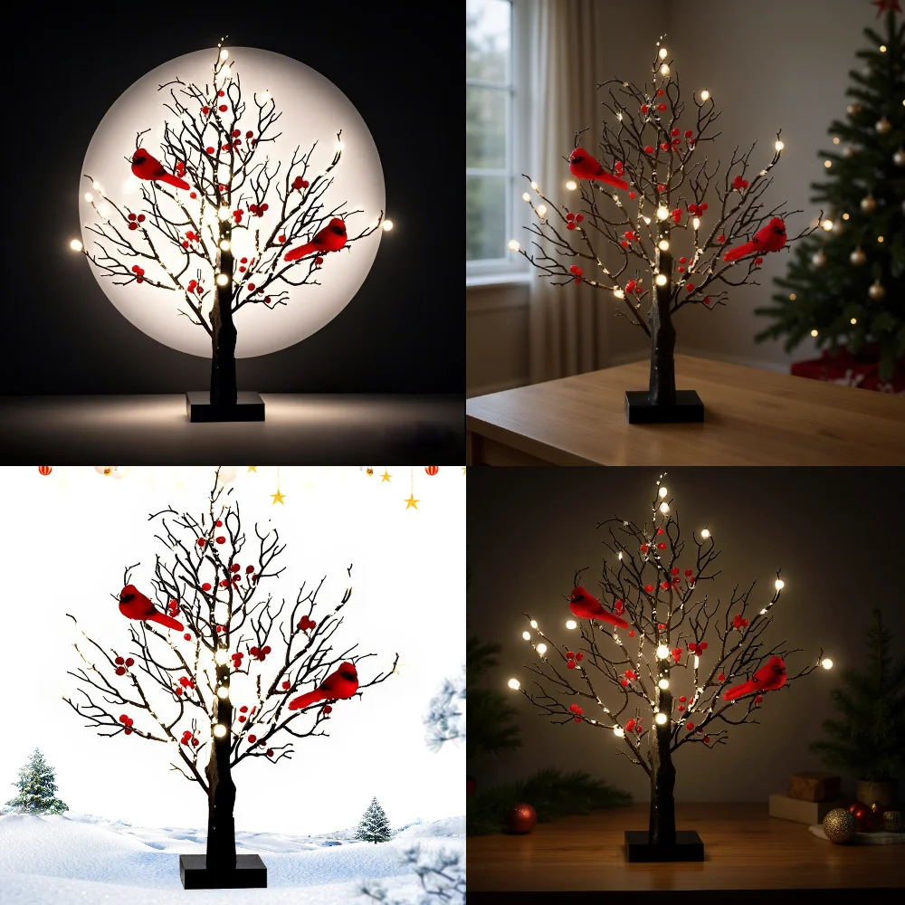 Vintage Cardinal Glowing Tree LED Lights Halloween Decorations Artificial Tree Light with Red Bird Table Lamp Home Bedroom Decor