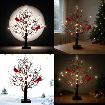 Vintage Cardinal Glowing Tree LED Lights Halloween Decorations Artificial Tree Light with Red Bird Table Lamp Home Bedroom Decor