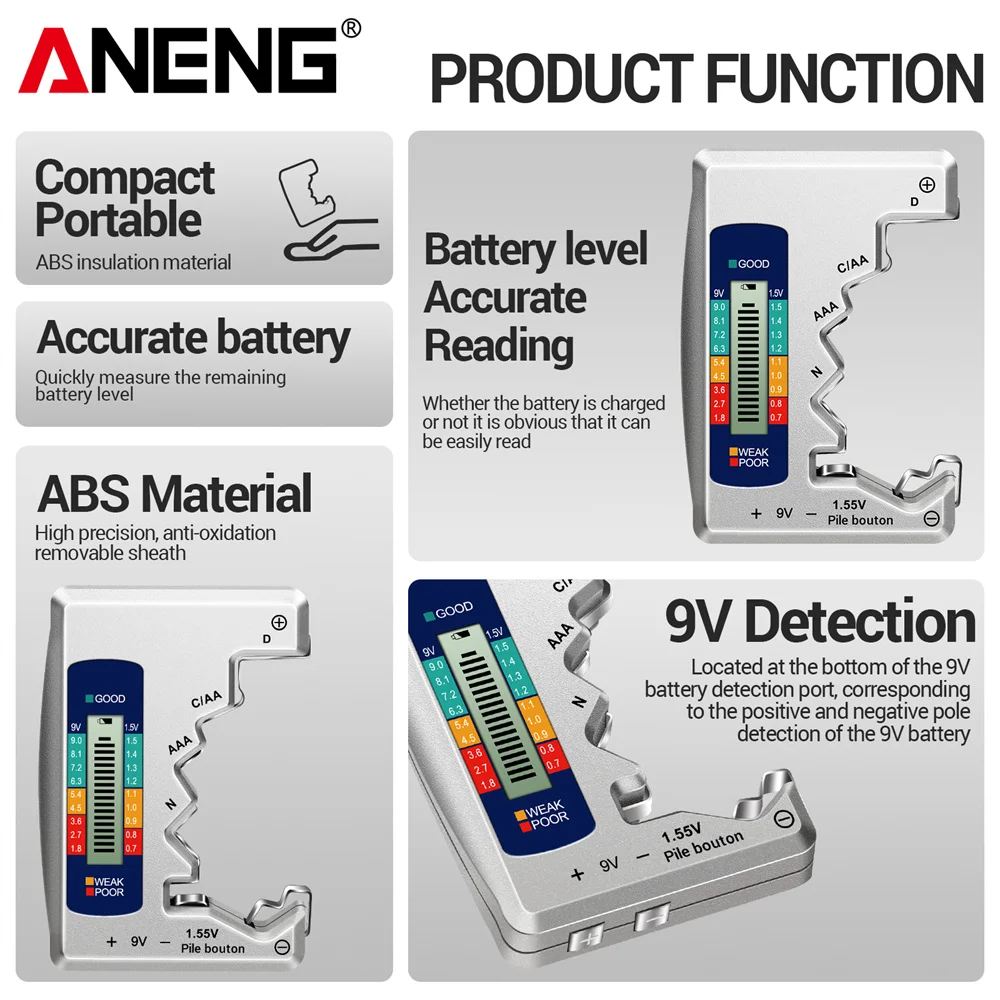 Battery Tester ANENG LCD Display C AA AAA D N 9V 1.55V Universal Button Cell Volt Capacity Check Detector Capacitance Tools