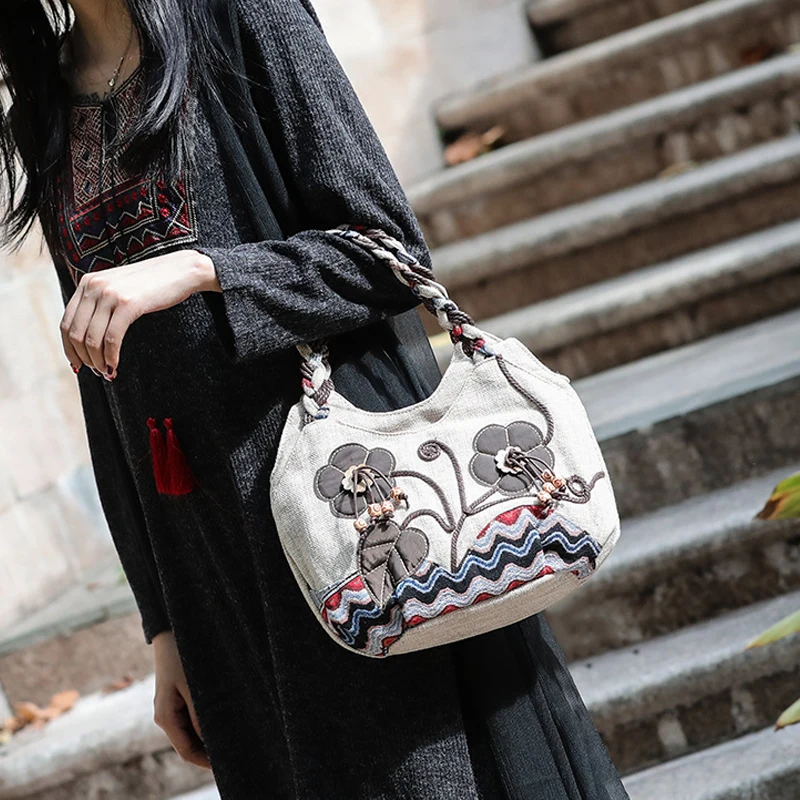 Women Linen Casual Handbag Travel Shoulder Bag Shopper Tote Purse Female Large Capacity National Design Bolso Mujer