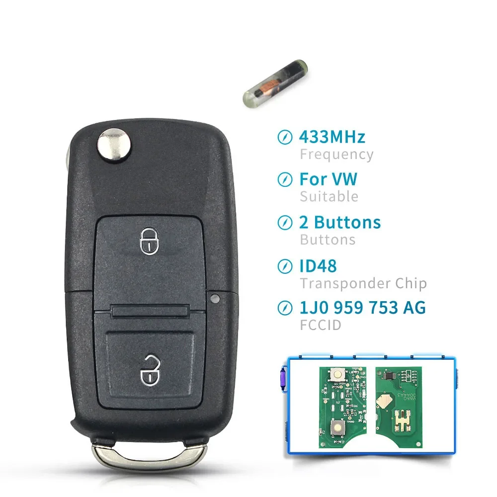 Key Remote Control Transmitter Unit For VW & ŠKODA - 434 MHz, OEM# 1J0959753DA, Includes Case & PCB
