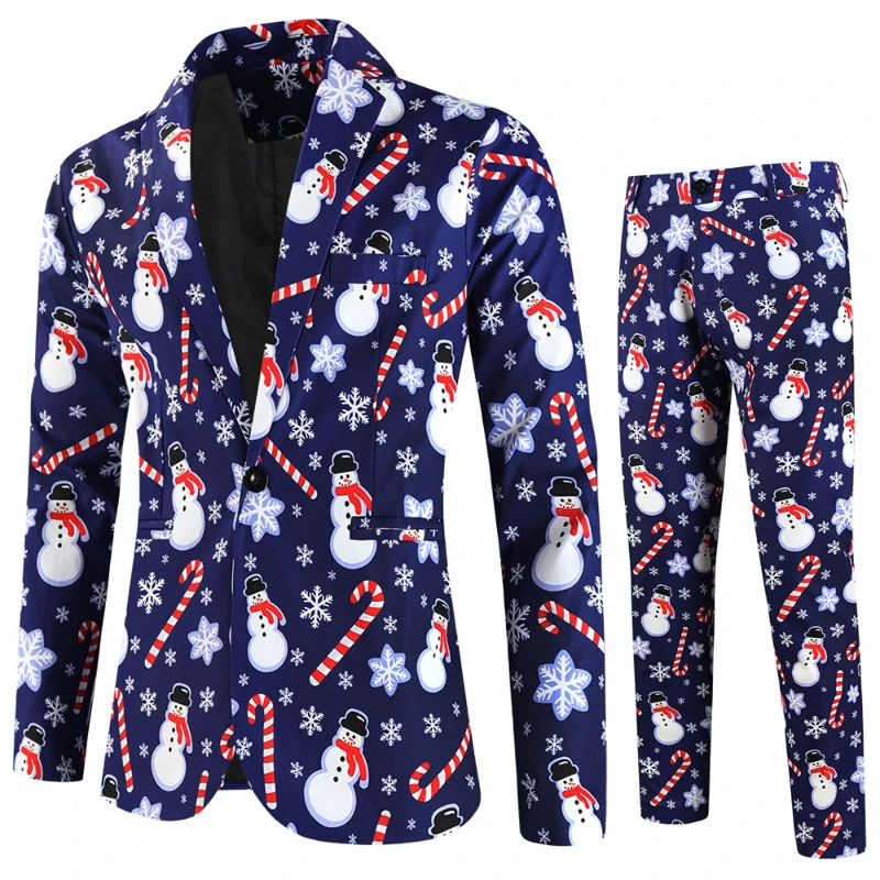 Men's Christmas Suits 2 Pieces Blazers and Trousers Santa Claus Print Slim Fit Men Suit Sets New Year Party Stage Mens Clothing