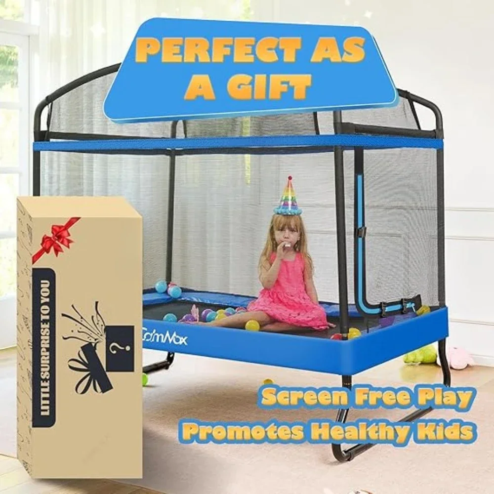 6FT Kids Trampoline with Horizontal Bar & Swing Rectangle Toddler Trampoline with Safety Net Outdoor/Indoor Trampoline for Kids 6