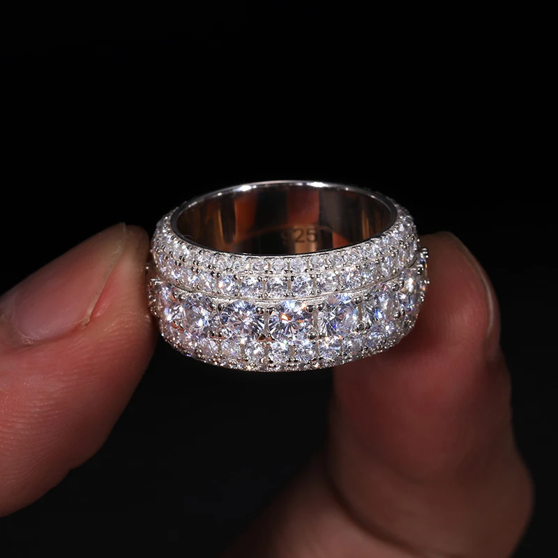 Luxury VVS1 3 Row 11mm Width Moissanite Ring In S925 Silver Ring Hip Hop Jewelry Pave Setting With Certificate Fine Jewlery Gift 5