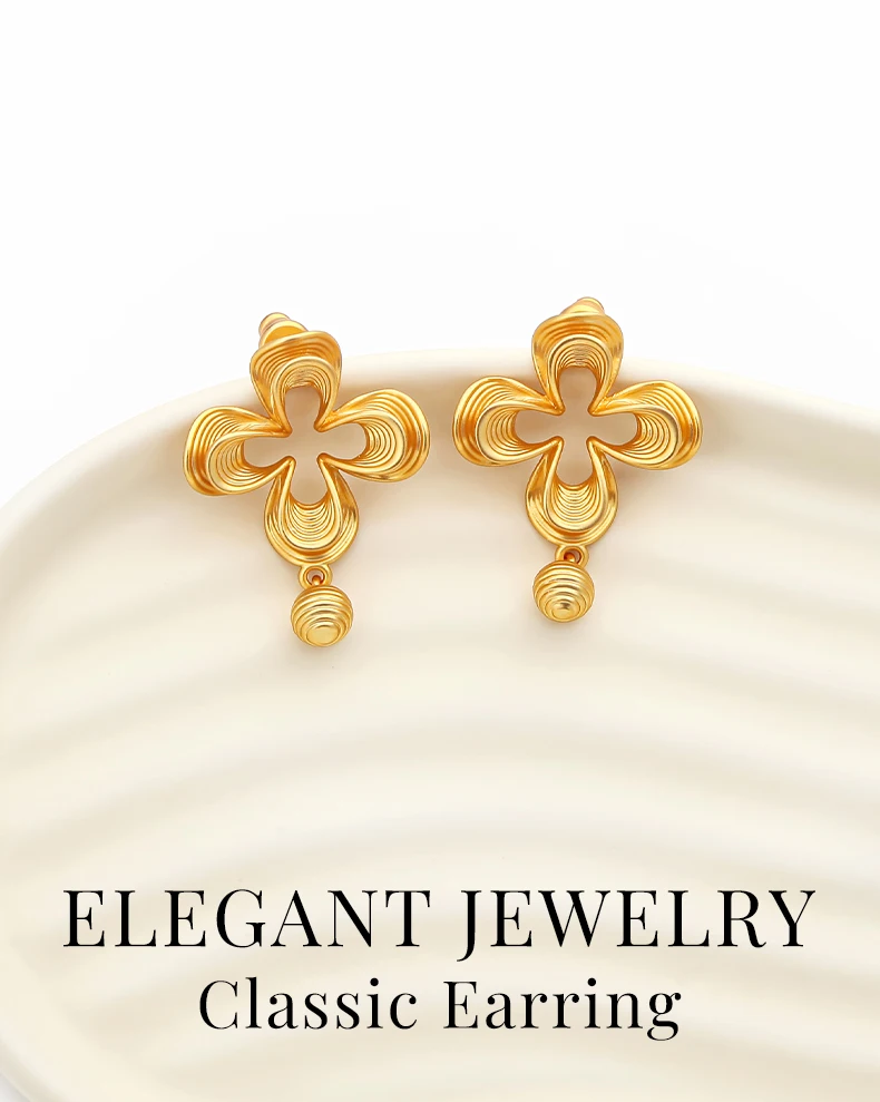 Lucky Four‑Leaf Clover Studs, 18K Gold‑Plated with Striped Detail & Ball Accent