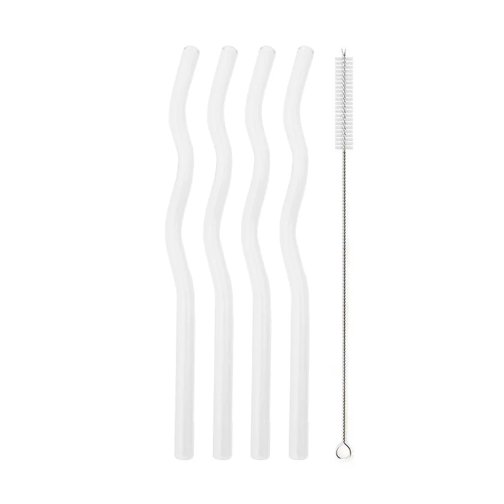 Set of 5 Colorful Reusable Wavy Glass Drinking Straws - Eco-Friendly Barware Accessories