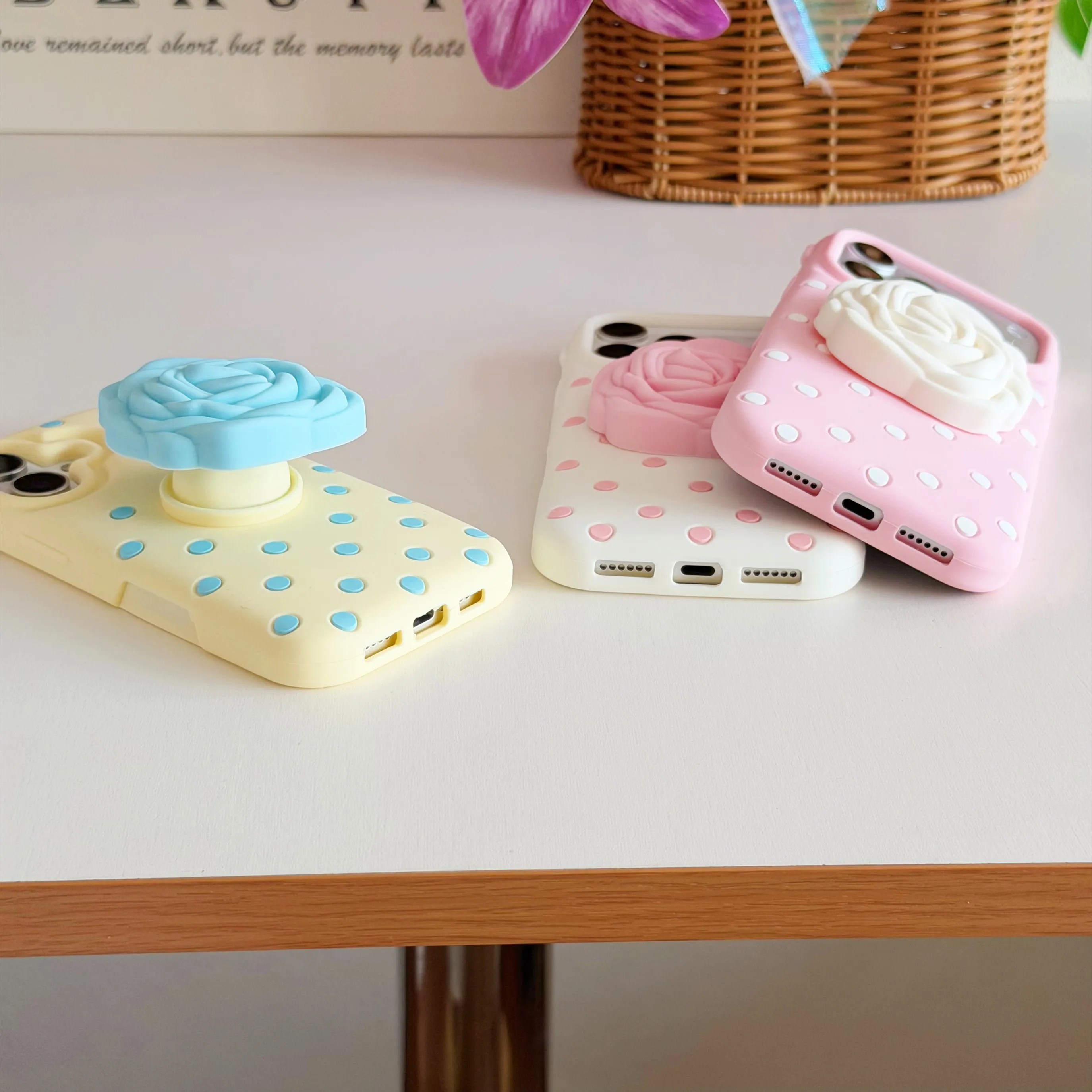 Charming 3D Polka Dot Silicone Case with Rose Flower Design and Strap
