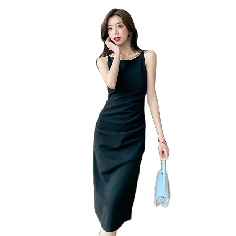 

O neck bubble Sleeveless vest slim dress women's summer new split mid-length dress