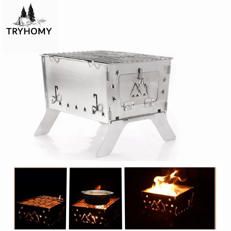 

Camping Barbecue Grill Stove Outdoor Fire Pit Stainless Steel Wood Burning Stove Portable Card Stove Folding Firewood Stove