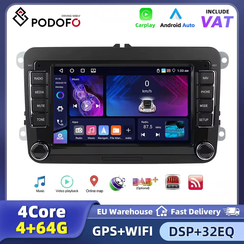 Radio Estéreo para Auto Podofo 6+128G Android 2Din, Carplay, Android Auto con Receptor FM, Voz AI, DSP para VW, Seat, Skoda, PASSAT, GOLF, Navegación GPS, Autoradio 1