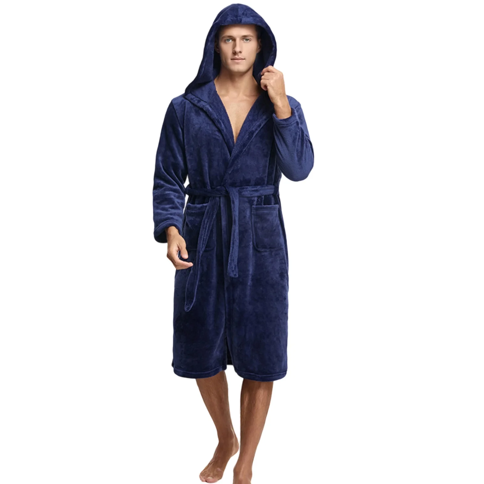 2026 Winter Warmer Mens Plush Fleece Hooded Robe Male Fashion Soft Warm Long Bathrobe with Pockets, Cozy Spa Shower Robes