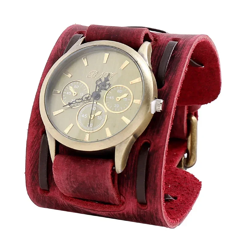 Relogio Masculi Retro Big Wide Genuine Leather Strap Watch Men Punk  Quartz Cuff Watch Wristwatches Bracelet Unusual Wrist Watch 3