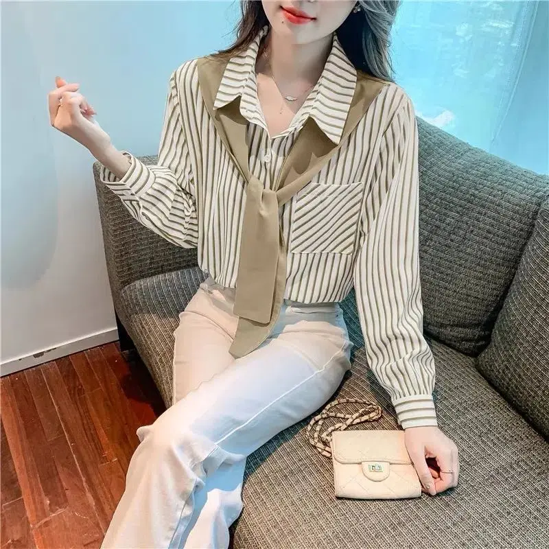 Polo-Neck Single Breasted Blouses for Women Fashion 2023 New Temperament Female Fake Two Pieces Chic Korean Top Women's Clothing