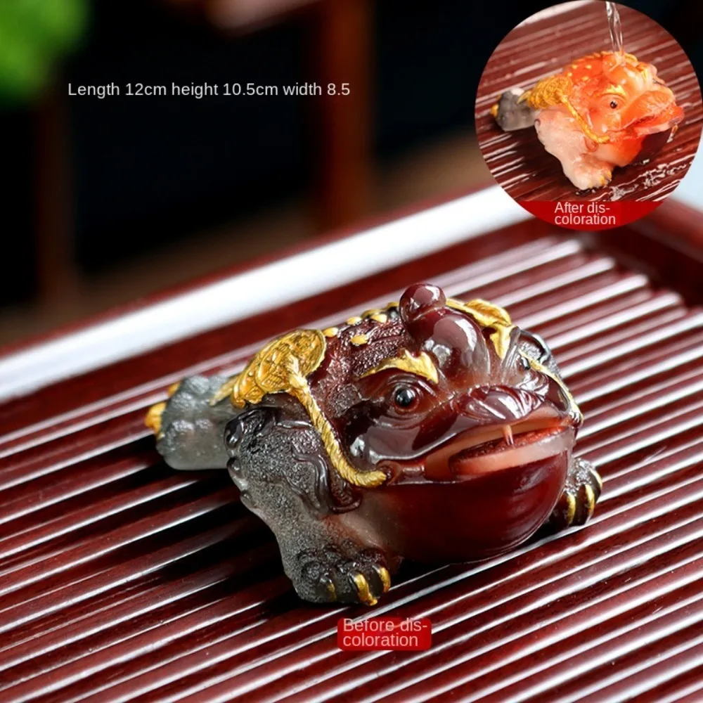 Gold Toad Tea Pet Red Resin Lucky Water Tea Pet Green Tray Color Changing Ornaments