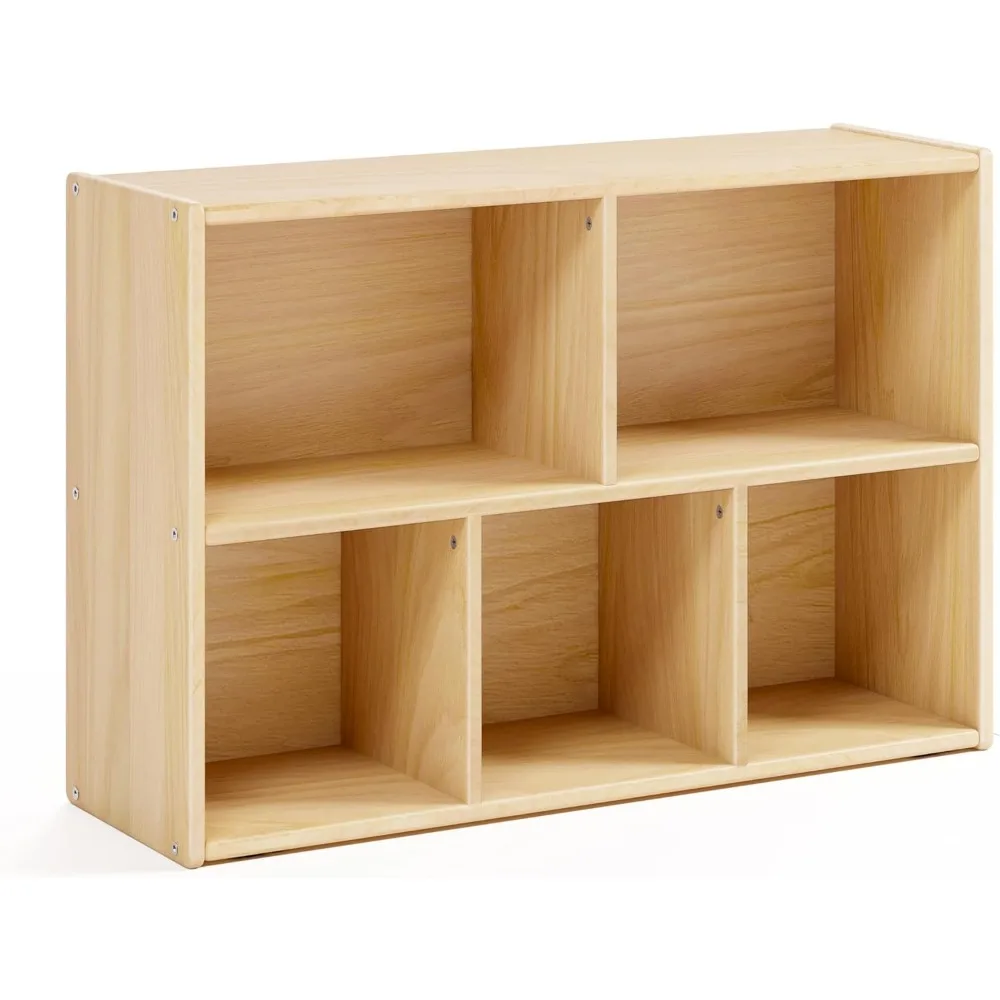 2-Tier Solid Wood Shelves Toy Organizers and Storage,5-Compartment Storage Cabinet with 4 Wheels,for Toddler Kids Room 3