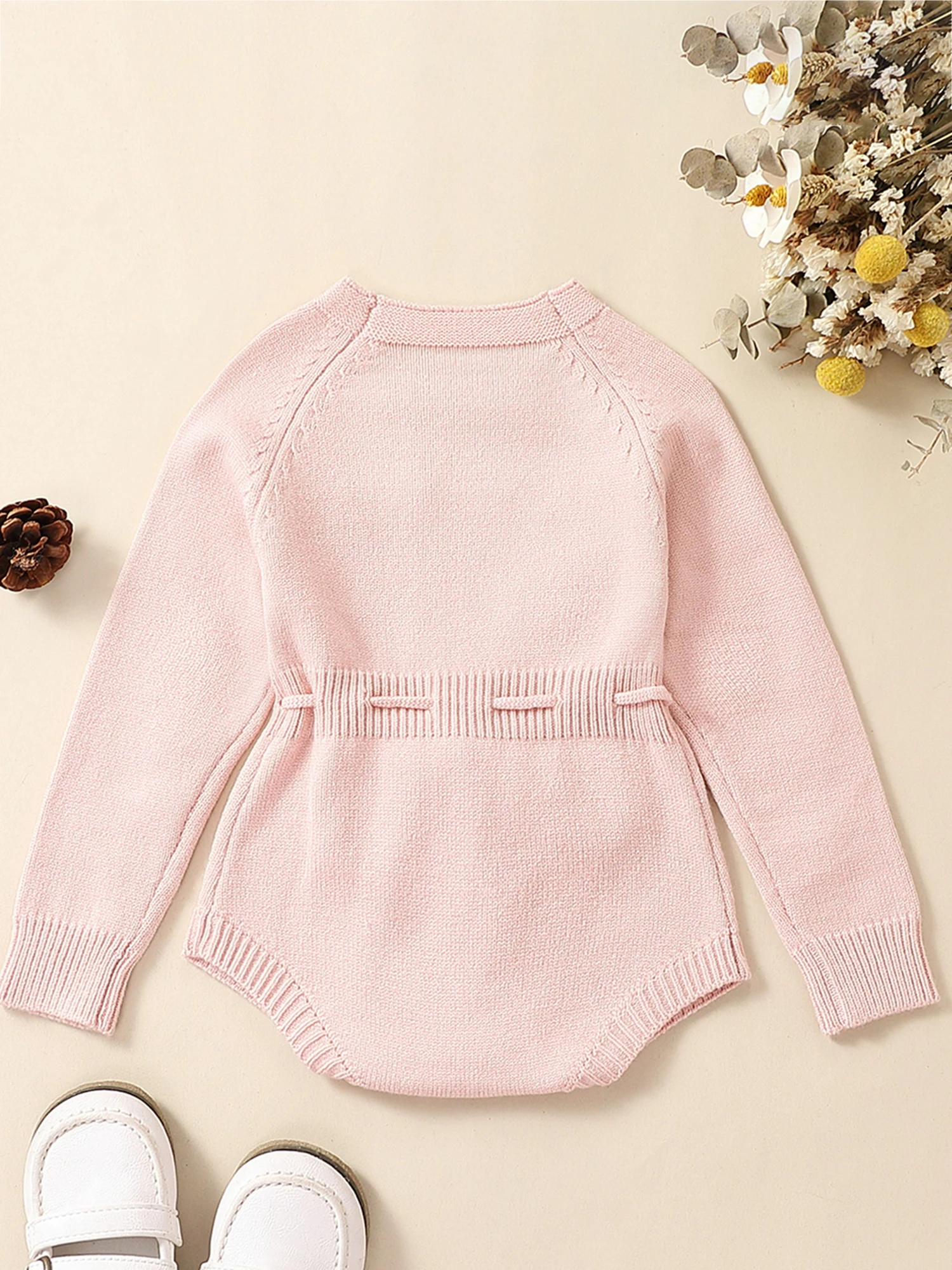 

Baby Girls Casual Sweater Romper Long Sleeve Ruffle Hem Floral Embroidery Drawstring Princess Clothes