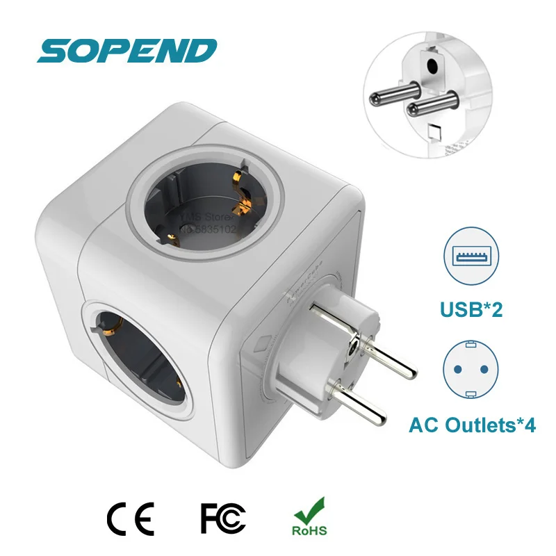 Power Strip Multi Usb Electrical Plug Cube Multiple Extension Socket 4 Eu Outlets 3680W Adapter 2 Usb For Home Office