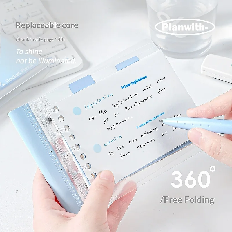 Planwith Pocket Flexa B7 스파이럴 노트 5홀 360 ° 접이식 소프트 PU 100g 두꺼운 종이 교체 가능한 내부 페이지 미적 문구류