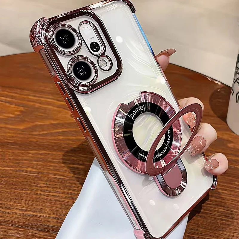 Magnetic Holder Shockproof Transparent Phone Case with Plating and Airbag Protection