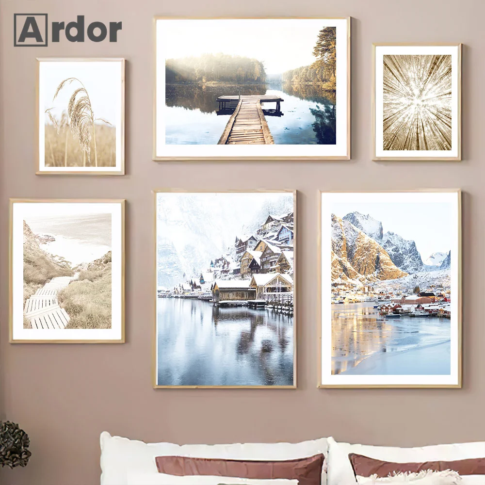 

Beige Beige Reed Flower Forest Mountain Lake Poster Hay Wall Art Canvas Painting Nordic Print Wall Pictures Living Room Decor