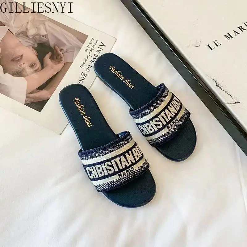 

2023 Letter Slippers Fashion Flat Woman Single Shoes Casual Shoes Female Outer Wear Letter Sandals Women's Shoes Flat