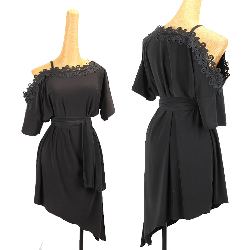 

Latin Dance Clothes Women Adult Lace Neckline Loose Practice Clothing Professional Ballroom Dance Short Sleeve Dresses DQL7046
