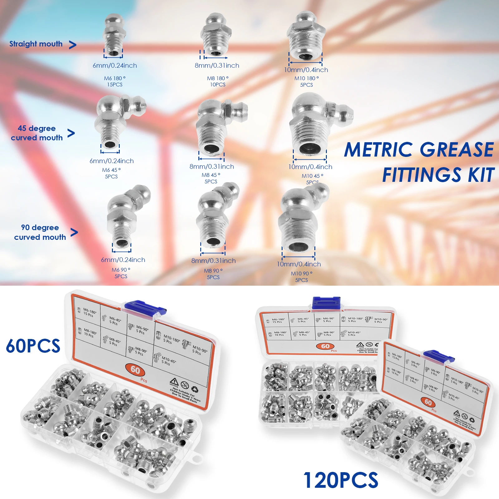 60/120Pcs Metric Grease Fitting Kit 9 Type Galvanized Metal Hydraulic Grease Zerk Assortment Set M6-M10 for Vehicle Nozzle Fuel