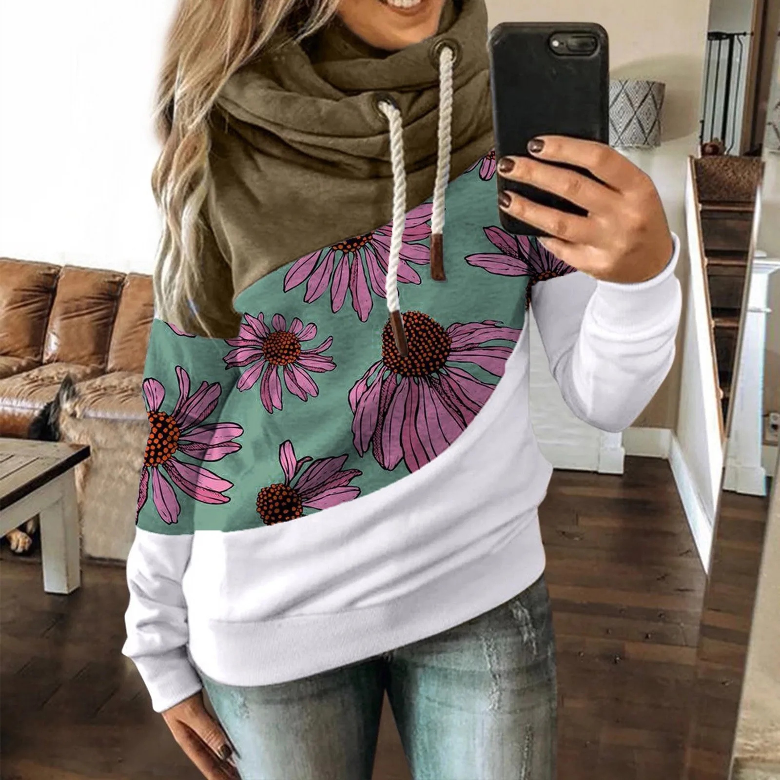 

Women's Leopard Patchwork Hoodies Sweatshirt Autumn Winter Turtleneck Long Sleeve Outwear Drawstring Hooded Pullovers Streetwear