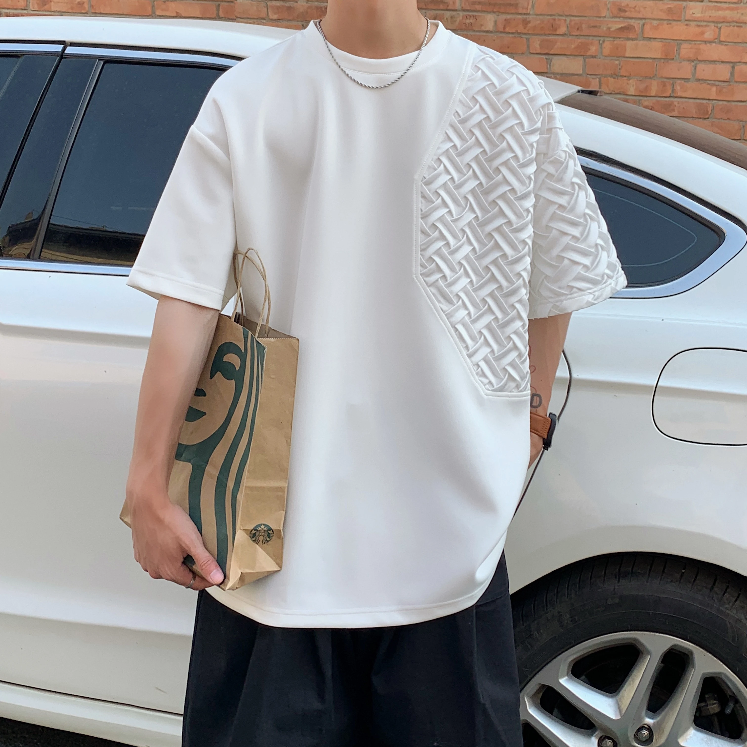 플러스 사이즈 상의 남성용 가을/겨울 라운드넥 긴팔 니트웨어, 트렌디한 니트웨어, 단색 자카드 플러시, 두꺼운 한국 티셔츠, 최신 신상 탑 10 남성용 재미있는 패치워크 반팔 티셔츠, 세련된 캐주얼 O-넥 티 탑, 남성 패션 스트리트웨어, 플러스 사이즈 2XL-M, 2022 여름