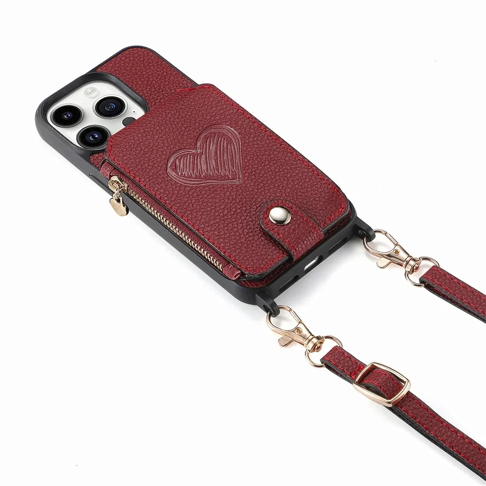 Crossbody Leather Wallet Phone Case with Magnetic Card Holder and Zipper