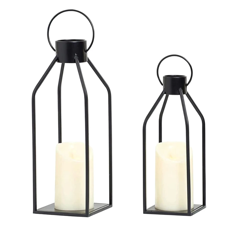 

2 Set Candle Lantern Black Decorative Lanterns With Flickering LED Indoor Outdoor Home Decor