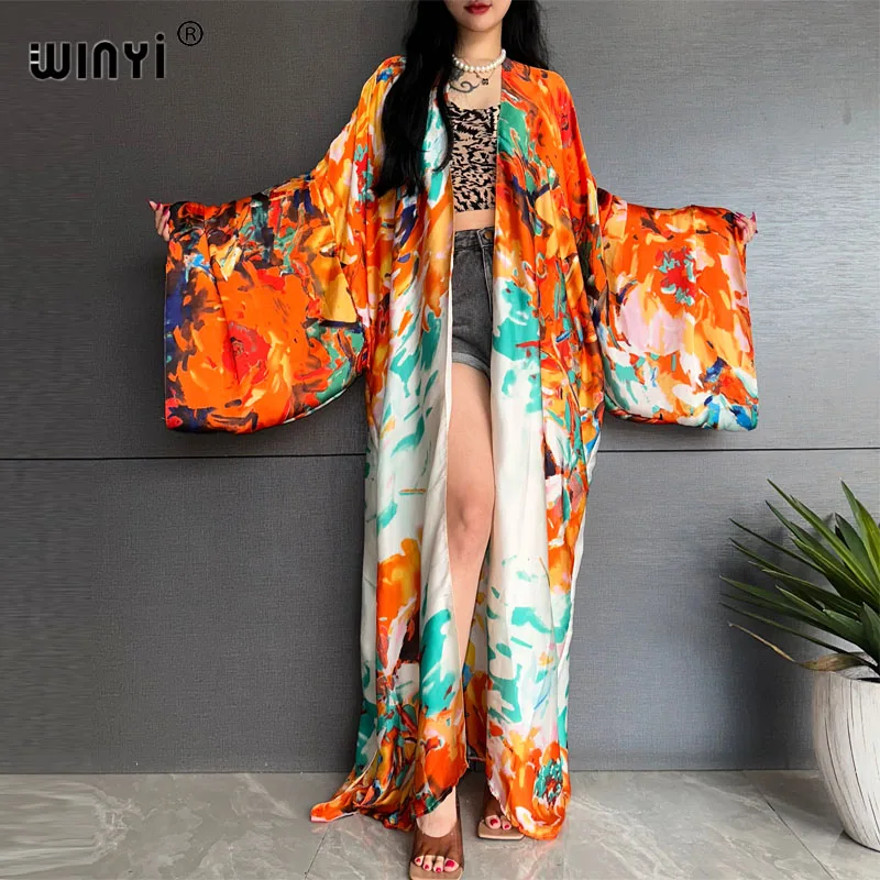 

Пляжная одежда WINYI с богемным принтом, элегантное модное кимоно с длинным рукавом, пикантное шелковое Свободное платье, накидка на бикини, на лето