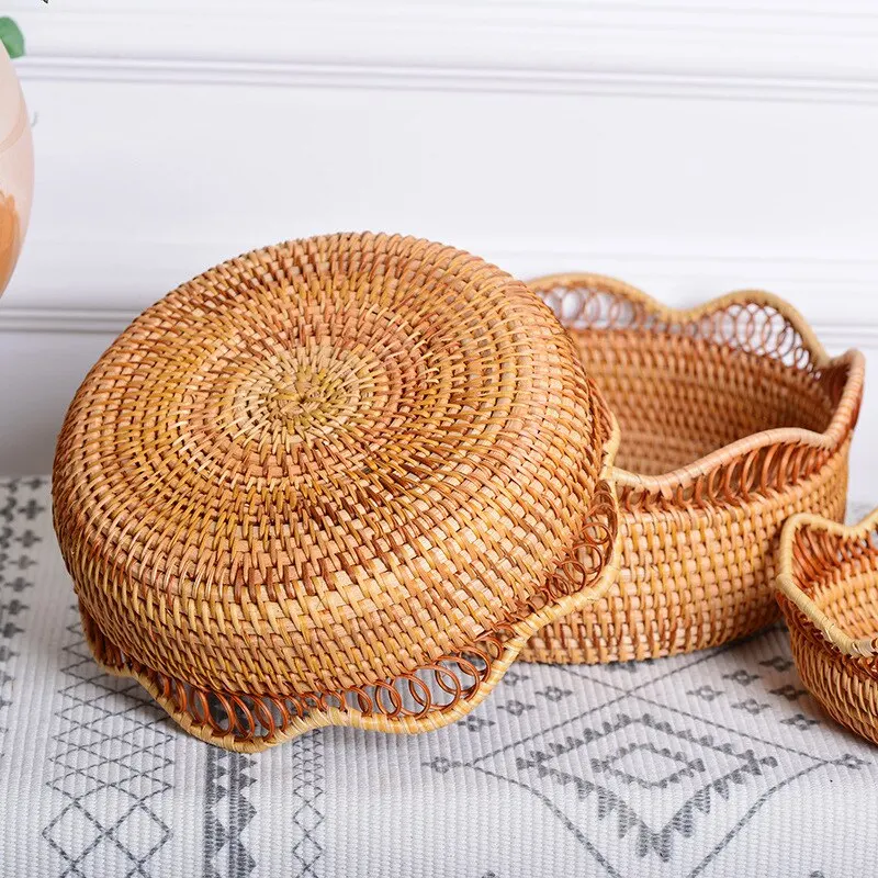 Hand-Woven Storage Basket Rattan Storage Tray Wicker Baskets Bread Fruit Food Breakfast Display Box Handicrafts Home Decoration 3