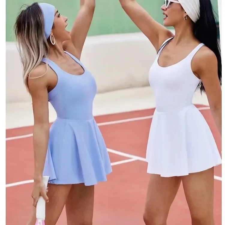 Women One-Piece Beauty Back Yoga Dress Suit Workout Tracksuit Gym Jumpsuits Fitness Sports Sportswear Golf Tennis Pleated Skirt