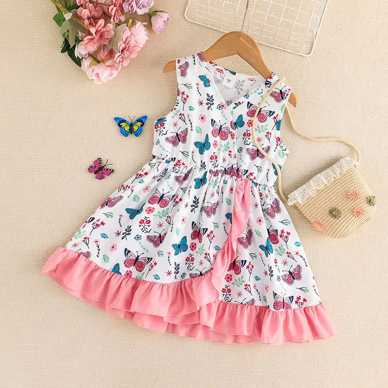 

Summer 2023 New Arrivals Girls Sleeevless Ruffles Print Butterfly Pink Nfantil Menina Cute Party Dress Custume 4-7T