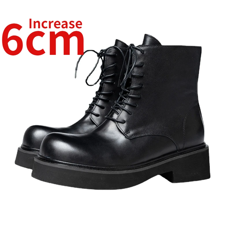 

British Trend Boots Shoes for Men Increase 6cm Soft Cowhide Hand Sewn Heightening Shoes Thick Platform Elevator Short Boots Male