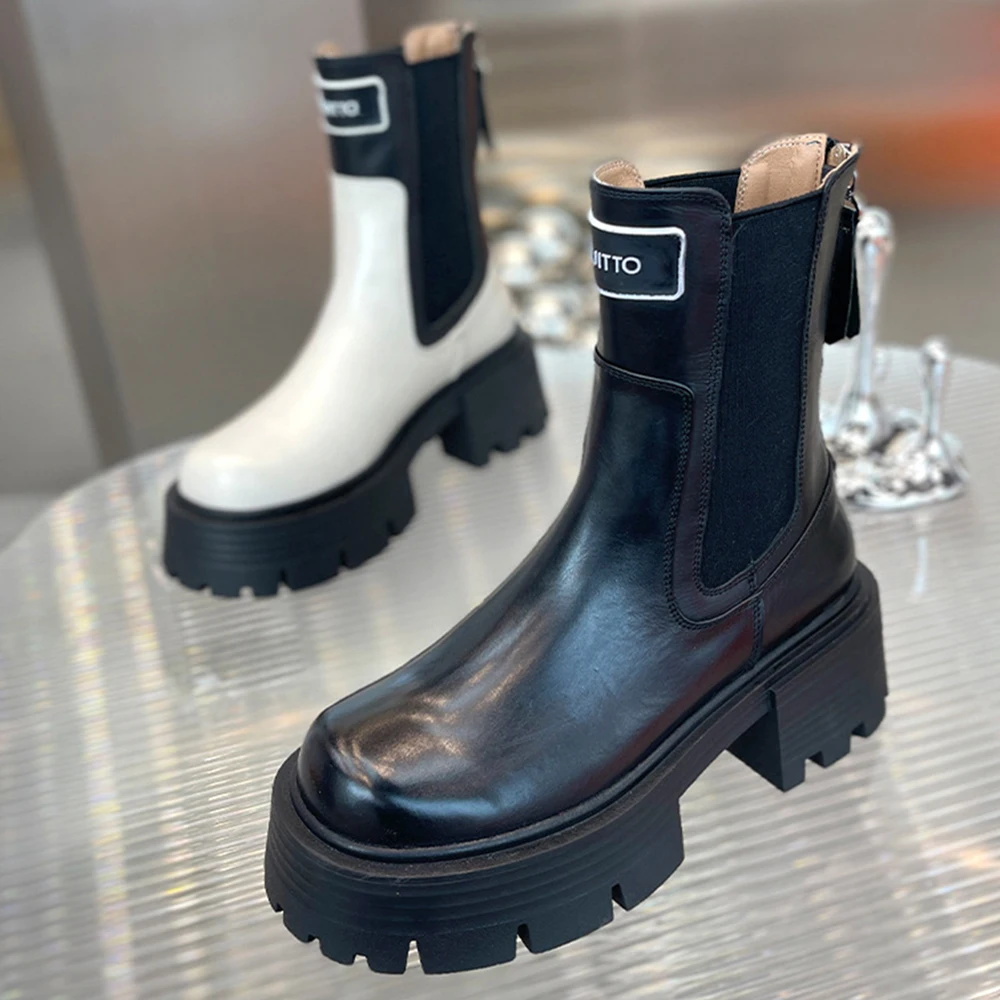 Fashion Genuine Leather Women Chelsea Boots Elastic Band Platform