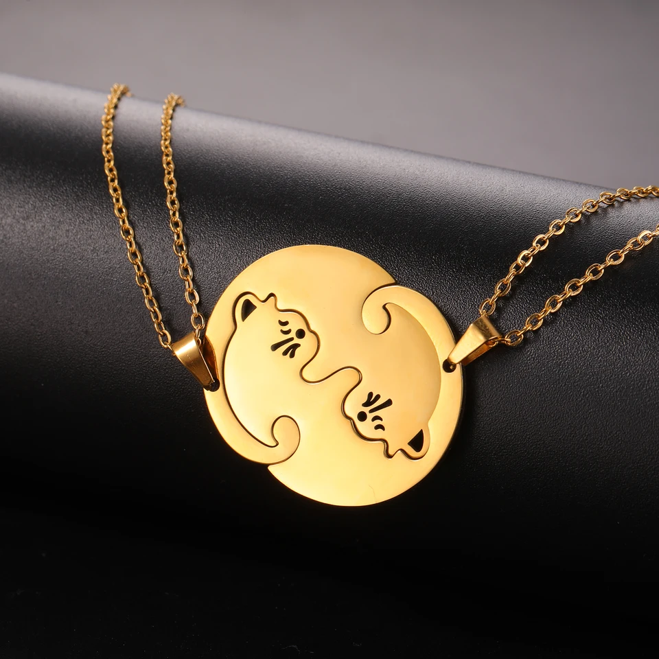Collana Coppia Puzzle In Acciaio Inossidabile – Ciondolo Gatto Nero E Argento, Regalo Simbolico Per Lui E Lei, Catena 45 Cm - 3