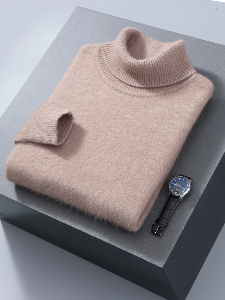 Men's 100% Mink Cashmere Sweater High Lapel Thick Knitted Pullover Casual Large Size Middle-Aged Sweater Autumn Winter New Tops 6