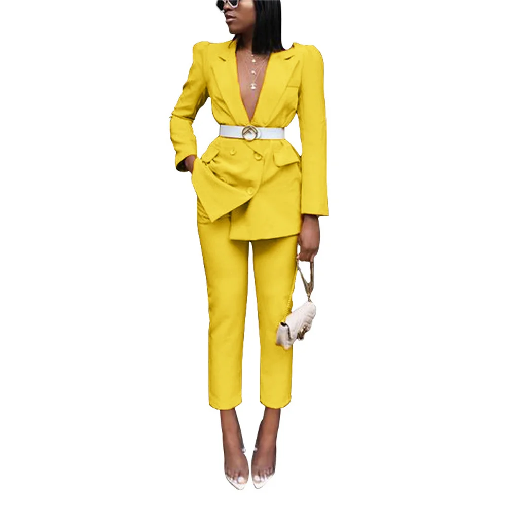 Elegant Women's Suit 2 Piece Set 2023 New in Female Belt Blazers + Pencil Pant Suit Office Lady Business Suit Formal Pant Sets