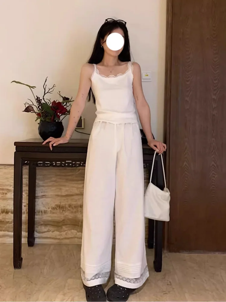 임산부를위한 루즈핏 레이스 트리밍 코튼 린넨 바지 바닥 길이 스트레이트 레그 캐주얼 바지 봄 여름 가을 패션