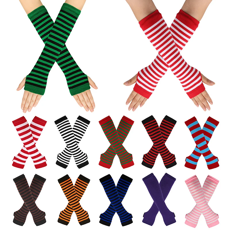 

Women's Elbow Fingerless Gloves Arm Cover Christmas Long Knitted Arm Cover Autumn Winter Striped Cotton Elbow Thicken Arm Sleeve