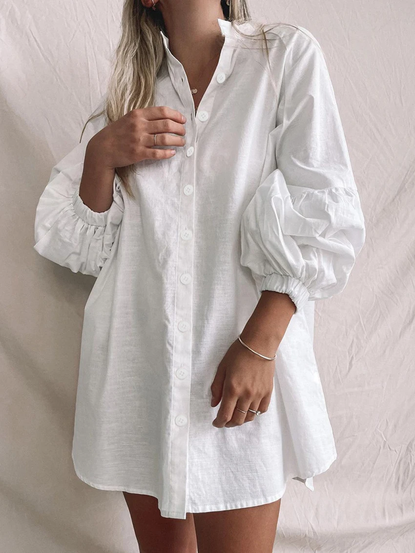 

Marthaqiqi Cotton White Female Nightwear O-Neck Sleepwear Long Sleeve Nightgowns Loose Mini Dress Causal Women'S Home Clothes